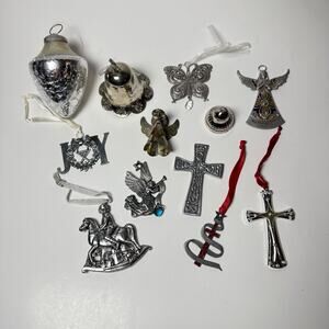 Vintage Silver Tone Christmas Ornament Lot Cross Angel Bell Pewter Holiday